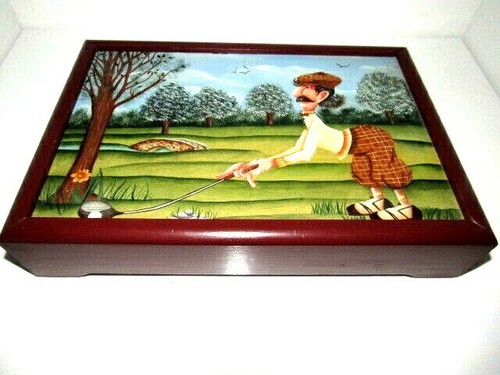 Old English Gentleman Playing Golf Storage Wood Box - Picture 4 of 10