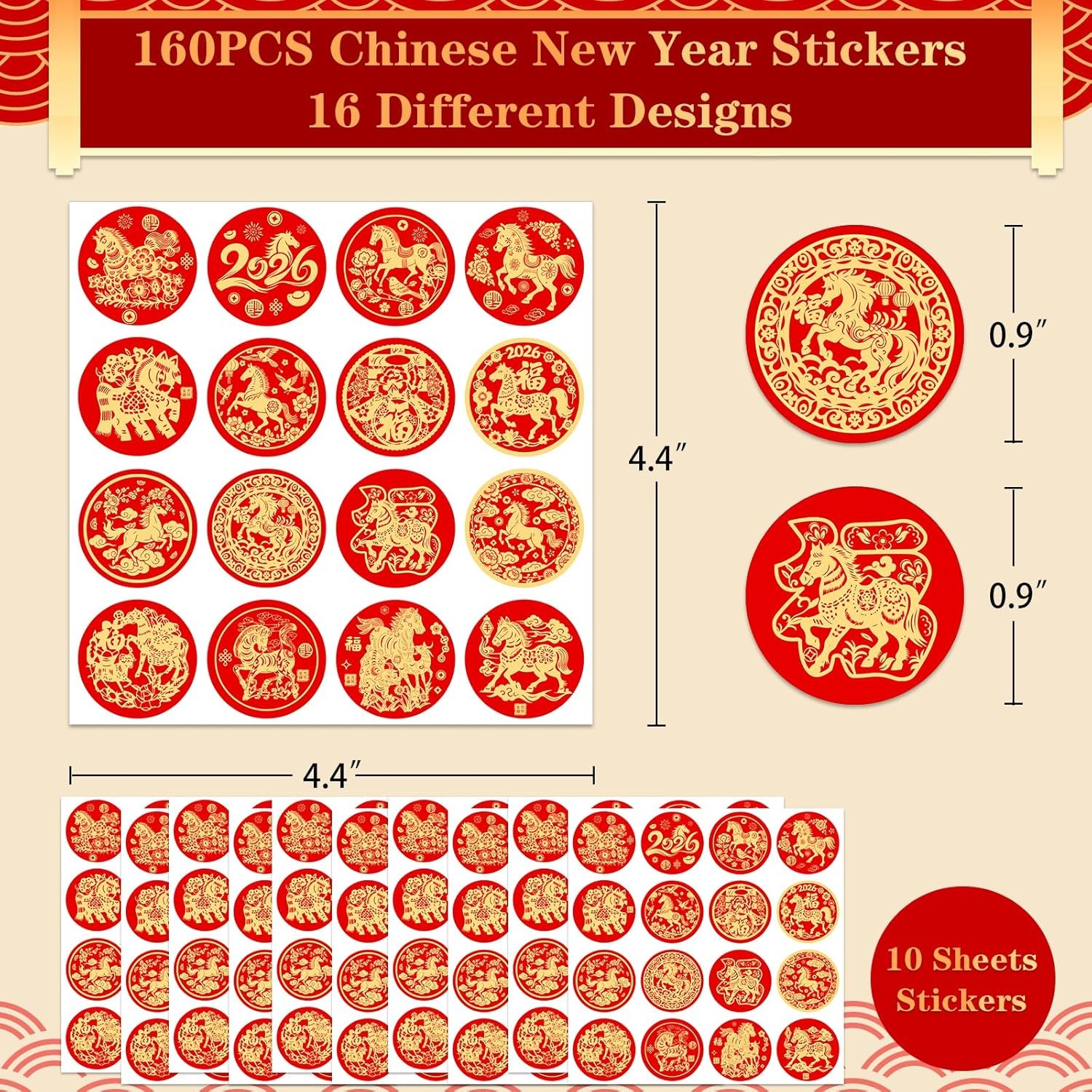160PCS Chinese New Year Stickers - of The Horse C-160pcspapercuttings 
