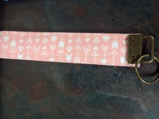 Peach With White Hearts Pattern Fabric Wristlet Key Chain Strap w/ Metal Ring