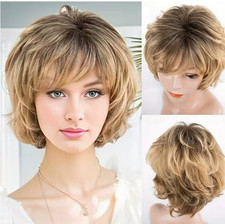 Short Fluffy Wavy Rooted Blonde Mix Synthetic Hair Wigs Women Soft Natural Daily