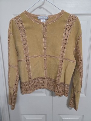 S.M.H. Boutique Vintage Suede Crotchet Patchwork Boho Tan Beige Jacket Medium 
