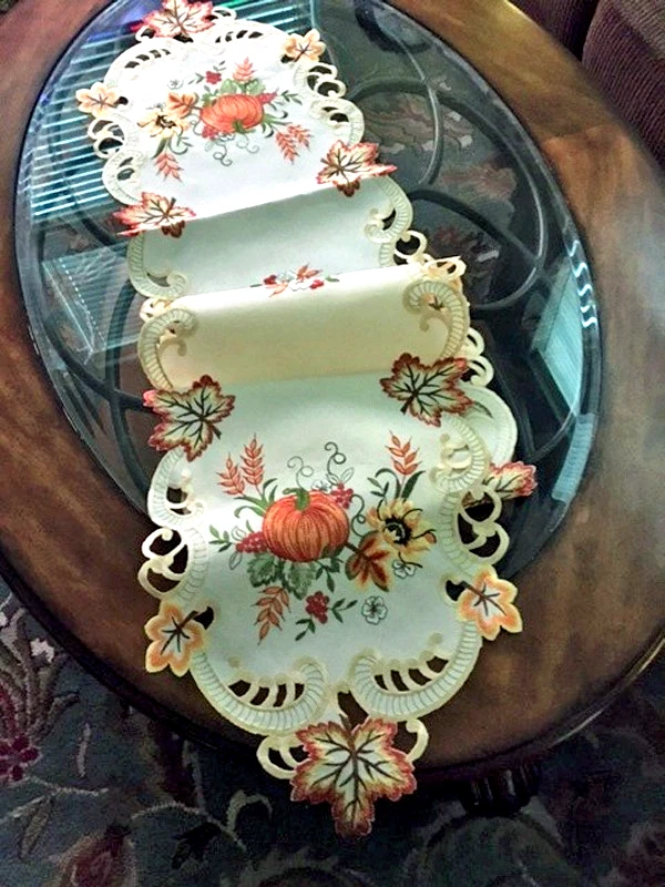 Fall Table Runner Embroider Pumpkins Sunflowers Leaves Thanksgiving Autumn Decor - Image 2 of 4