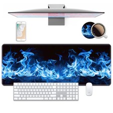 Desk Pad Mat Gaming Pads with Coasters Set, Blue Flame Large Extended Desk Mo...