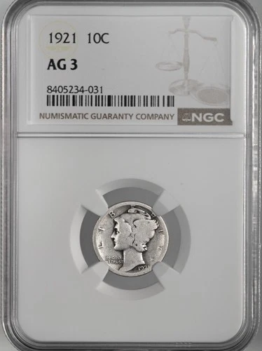 1921-P 10C MERCURY SILVER DIME PHILADELPHIA MINT  NGC AG3  #8405234-031