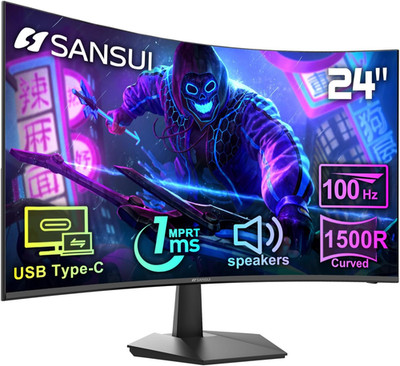 Curved Monitor 24 Inch 100Hz USB Type-C Computer Monitor with Built-In Speakers-