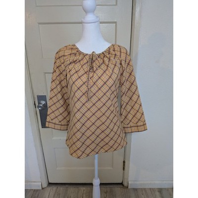 Marks & Spencer Plaid Cotton Peasant Blouse Beige Red Navy UK 10/US 6