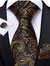 Hi Tie Black Gold Hand Made 100% Silk Mens Neck Tie Pocket Square Cuff Links Set