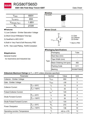 10PCS RGS80TS65D Trans IGBT Chip N-CH 650V TO-247 Automotive RGS60TS65DHRC11