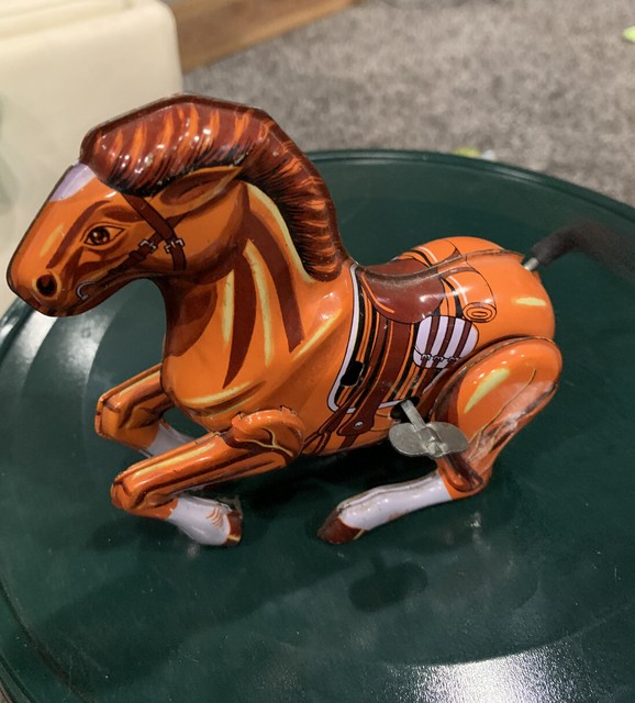 Vintage Tin Litho MECHANICAL HORSE WIND UP TOY works! Tail Spins