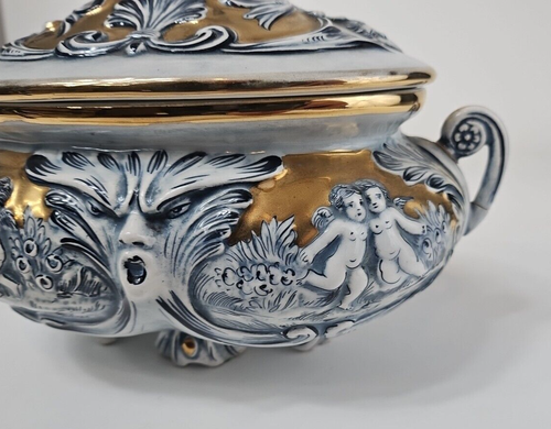 Vintage Ardalt Capodimonte Pedestal Tureen 5329 signed Blue an Gold Cherub Italy - Picture 7 of 15