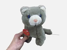 Vtg Etone Gray Taupe Cat Plush 1986 Sitting Kitty Blue Eyes 8" White Face w tag