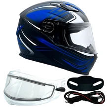 Blue Full Face Snowmobile Helmet Dual Lens Heated shield Retractable Sun Visor