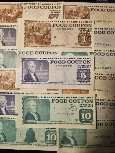 USDA Food Coupons $1 $5 $10 Full Stamp Gem Quality Lot Of 3 Paper Food-Stamps  - Afbeelding 1 van 3