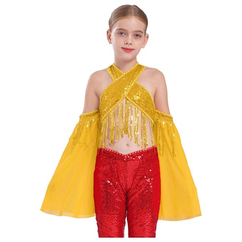 Girls Latin Belly Jazz Dance Sequin Tassel Shiny Long Sleeve Fringe Cross Top - Picture 19 of 38