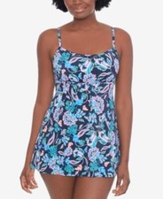 Swim Solutions Madison Printed Empire Tummy-Control Swimdress Navy 14 16 NWT