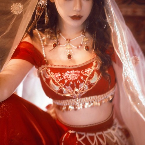 Robe de danse arabe brodée | Déguisement femme haut pantalon voile taille chaîne - Photo 4/6