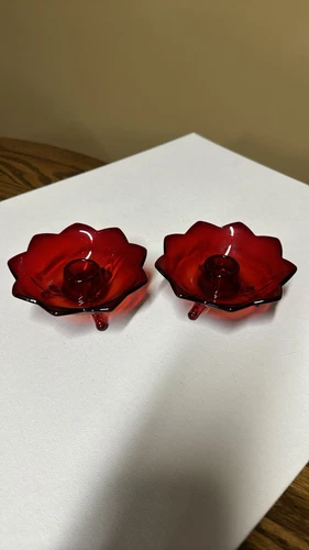 Vintage Fenton Ruby Red Amberina Lotus Flower Three Footed Candle Holder