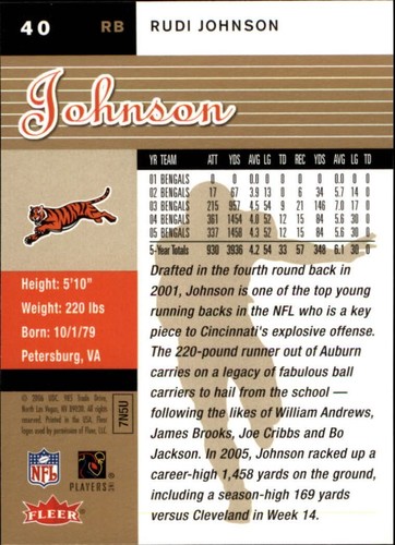 2006 Fleer Ultra Gold Medallion RUDI JOHNSON #40 CINCINNATI BENGALS AUBURN 🏈 - Picture 2 of 2