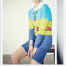 Anthropologie Maeve Color block Shift Dress 0 yellow blue 3/4 Sleeve Stripe BG