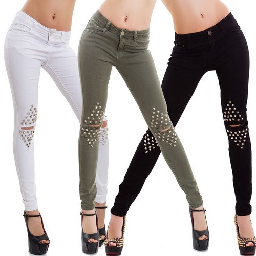 Jeans donna pantaloni skinny elasticizzati strappi borchie sexy nuovi  W0879-1 | eBay