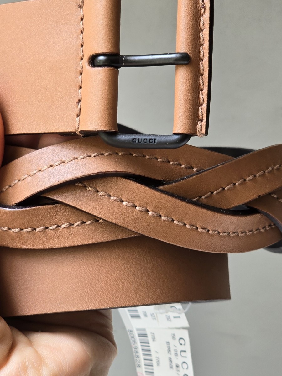 Gucci camel brown leather belt square buckle braided 70-28 100