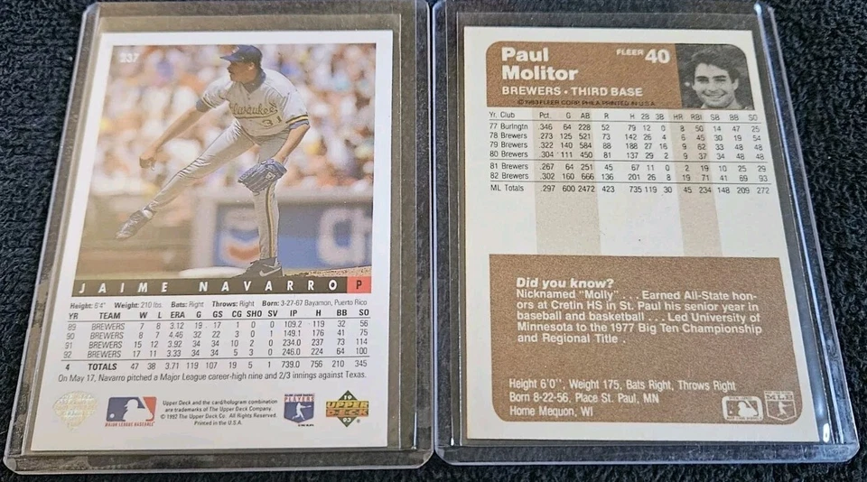 LOTE DE 2 MLB Juego de Béisbol Tarjetas Autografiadas Paul Molitor Jaime Navarro Brewers  Foto 2 de 2