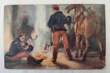 WW1 Original K.u.K Military Art Postcard Postkarte Hussars Around the Campfire