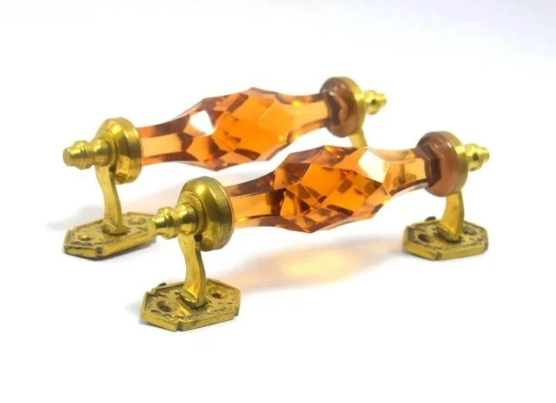 Manija de puerta victoriana artesanal naranja de vidrio cortado vintage de 2 piezas Foto 4 de 4