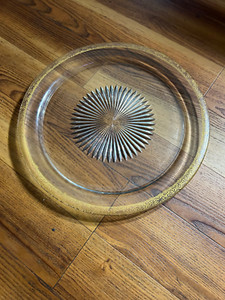 Depression Glass Serving Platter with Gold Filigree Decoration clear
