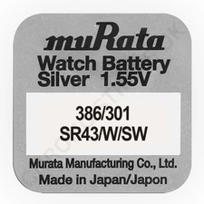 Murata 386 / 301 / SR43W / SR43SW Silver Oxide Watch Battery