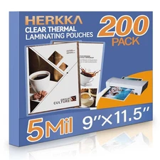 HERKKA 200 Pack Laminating Sheets, Holds 8.5 x 11 Inch Sheets, 5 Mil Clear Th...