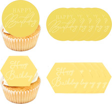 10 Pcs Acrylic Happy Birthday Cupcake Toppers, Round Gold, Hexagonal Gold Mirror