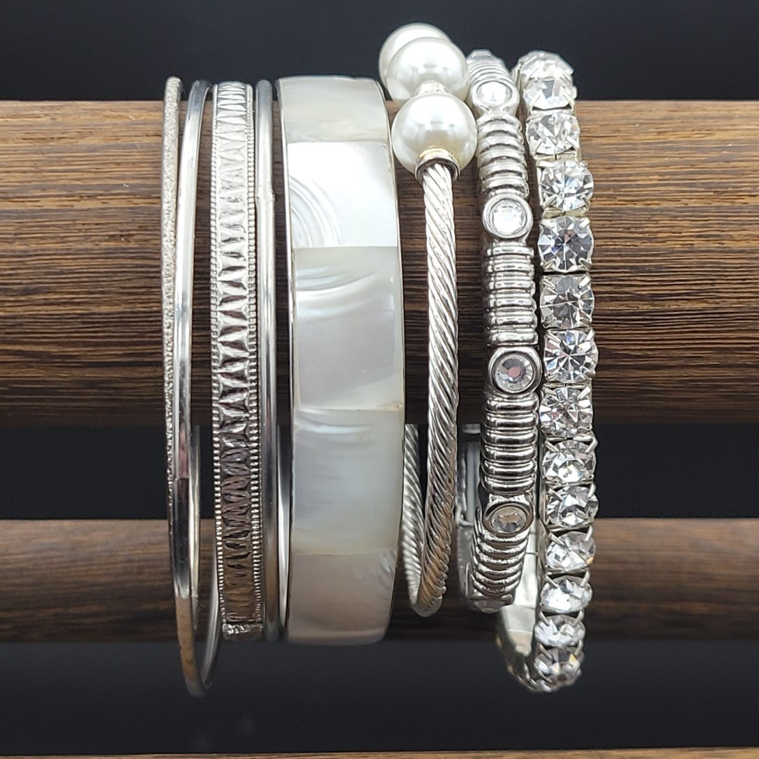 Silver & White Bracelet Stack – Mixed Metals, Pea… - image 6