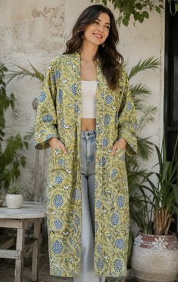 Indian Women s Green Cotton Kimono Robe Floral Print Long Lounge Wear Bathrobes