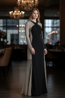 Xscape Black Sheath Dress Beaded Knit Long Sleeve Surplice Long 12 7187X | eBay Xscape Black Sheath Dress Beaded Knit Long Sleeve Surplice Long 12 7187X | eBay
