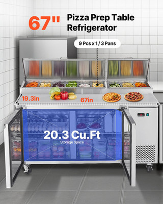 67''W Commercial Refrigerator, 9 Pans Pizza Make Worktop with Cutting Board