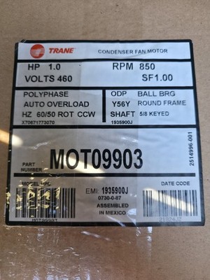 Trane Condenser Motor MOT09903, 460V 1HP 850RPM, 56Y Frame, 5/8'' Shaft, CCW
