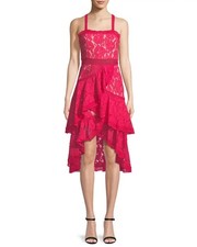 ALICE + OLIVIA Angelita Pink Guipere Lace Asymmetric Tiered Ruffle Dress, Size 4