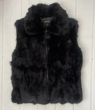 Surell 100% Rabbit Fur Woman's Black Vest Front Zip S-M big collar