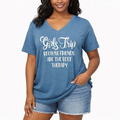 WOMENS Girls Trip Graphic V Neck T Shirt Blue Casual Tee XL