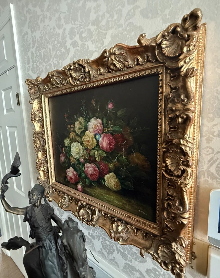 30"x26" Ornate Gold Framed Floral Still Life Painting Roses & Peonies Bouquet - Image 2 of 3