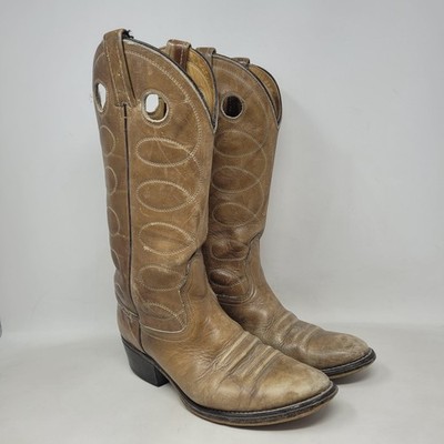 Vintage Acme Boots Mens 7D Tan Brown Leather Western Cowboy Pull Holes USA Rodeo