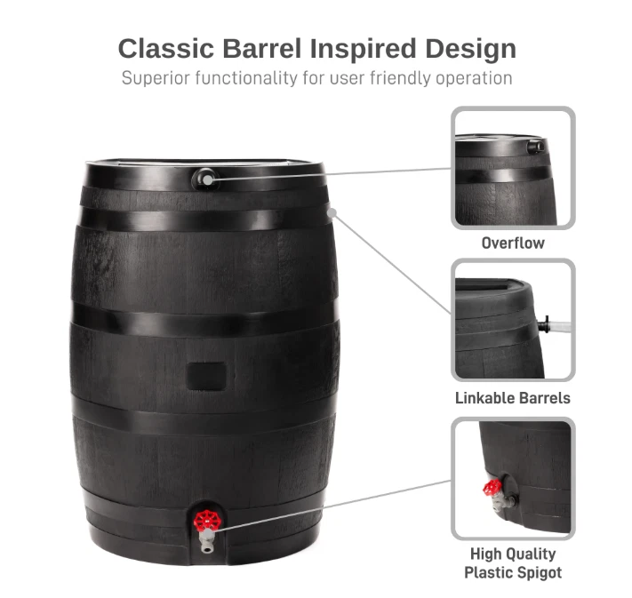 Polyethylene 50 Gallon Flat Back Eco Rain Barrel, 100% Recycled Plastic, Black - Image 4 of 4