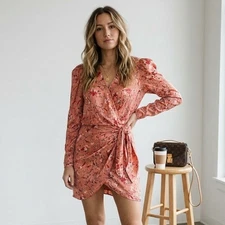 NWT Isabel Marant Etoile Baikal Floral Wrap Mini Dress in Papaya, size FR40/L