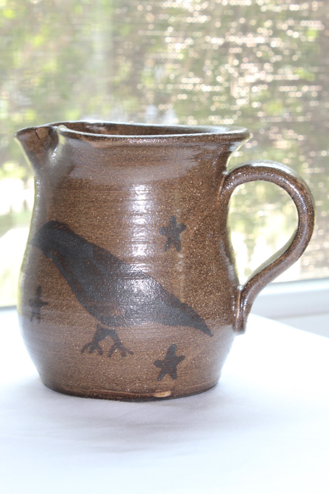 Liberty Pottery Roscoe Village OH Stoneware w/ Crow Design Pitcher 2006 Becky  