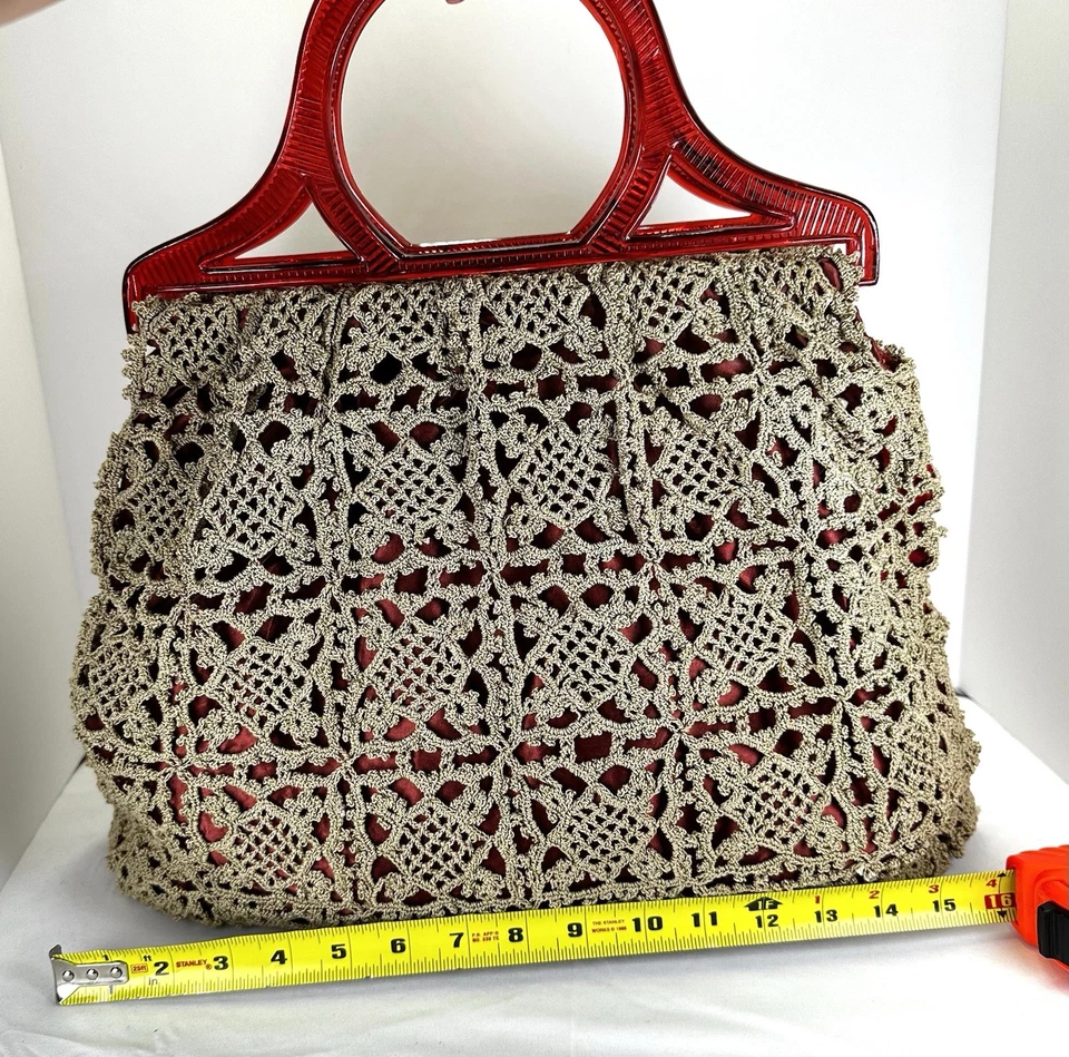 Vintage Red Lucite & Beige Crochet Mid-Century Satin Lining Women’s Lg Handbag - Image 2 of 4