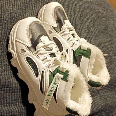 WANWO Faux Fur Lined Winter Athletic Sneakers White Green Black Lace Up Men