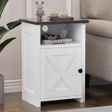 Farmhouse End Table Set of 1, Nightstand with Barn Door and Storage Shelf, Ru...