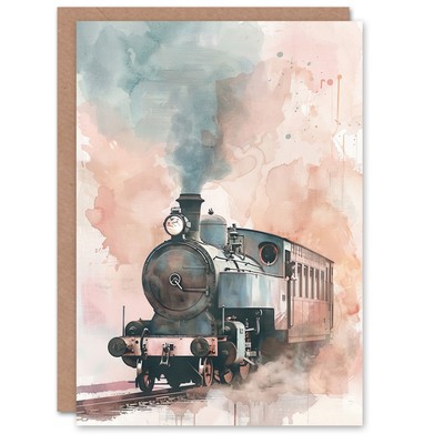Greeting Card Steam Train Blue Pink Watercolour Railfan Spotter Blank Birthday