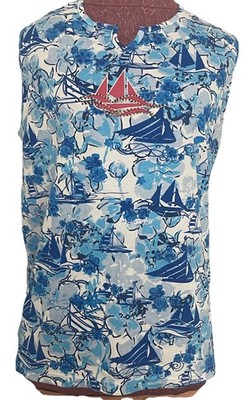 Palm Tree Women Blue Floral Sailboat Top Sleeveless Cotton Blend Beach Size 1X